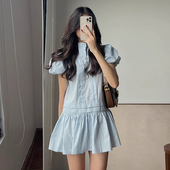 减龄小清新立领压褶设计宽松泡泡袖 韩国chic夏季 新款 连衣裙短裙女