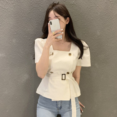 chic方领短款荷叶边泡泡袖衬衫女