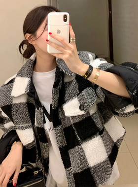 chic翻领撞色格子百搭毛呢外套女