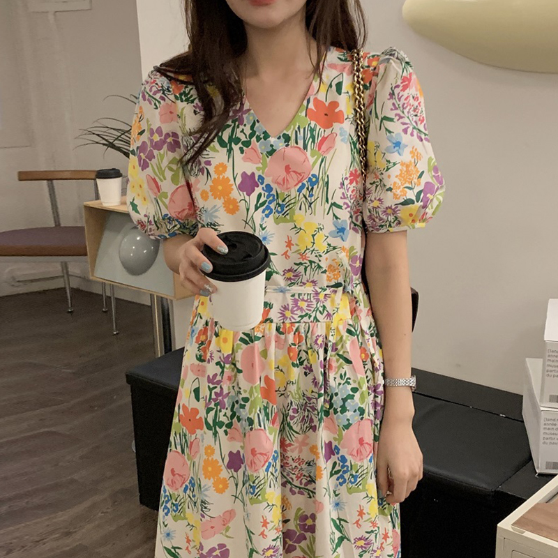 chicV领花朵印花泡泡袖连衣裙女