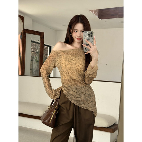 露肩扎染金线针织衫阔腿长裤套装