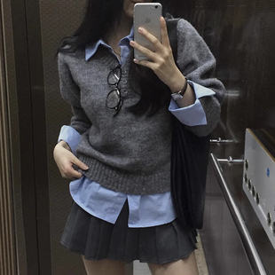 韩国chic早春法式 上衣女 学院风翻领拼接假两件软糯百搭长袖 针织衫