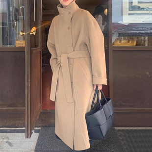 韩国chic秋冬小众复古立领单排扣系带收腰显瘦长袖 毛呢大衣外套女