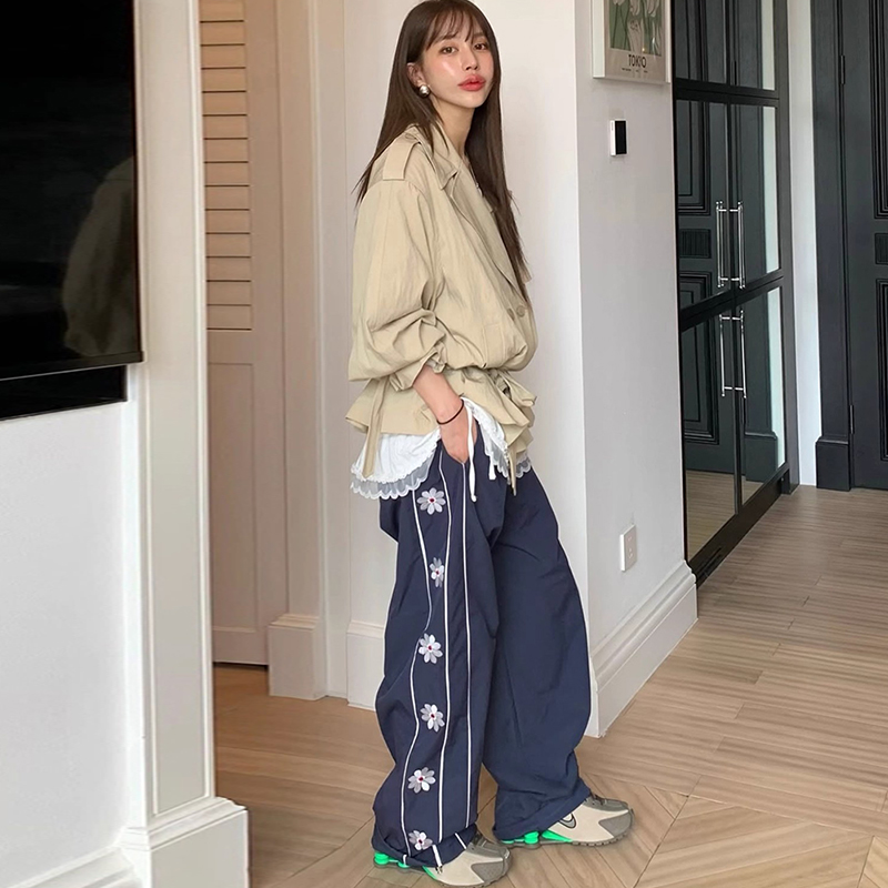 侧边重工刺绣花朵高腰休闲裤长裤