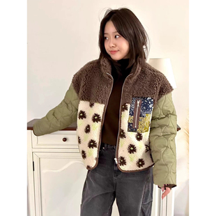 复古撞色拼接羊羔毛短款棉服外套女冬季设计感小众加厚保暖棉衣