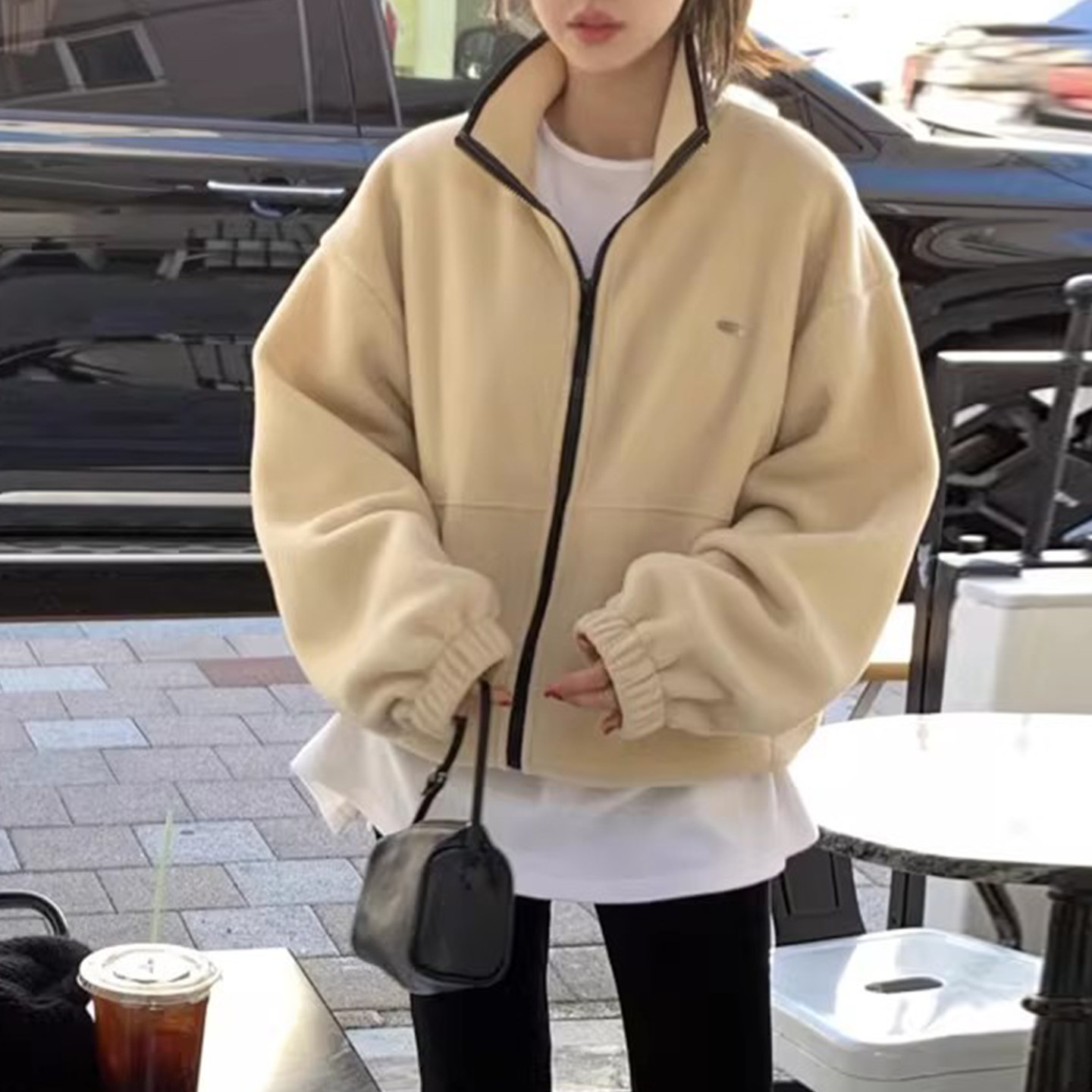 温柔风立领拉链百搭羊羔毛外套