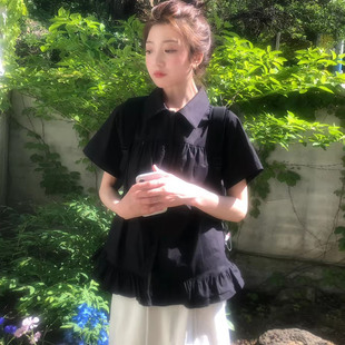 减龄小个子娃娃衫 良良家学院风翻领褶皱荷叶边短袖 新款 女夏季 衬衫