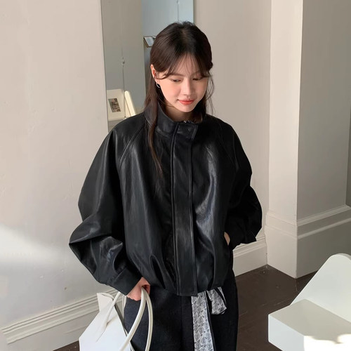 口袋宽松小众PU皮衣长袖夹克外套