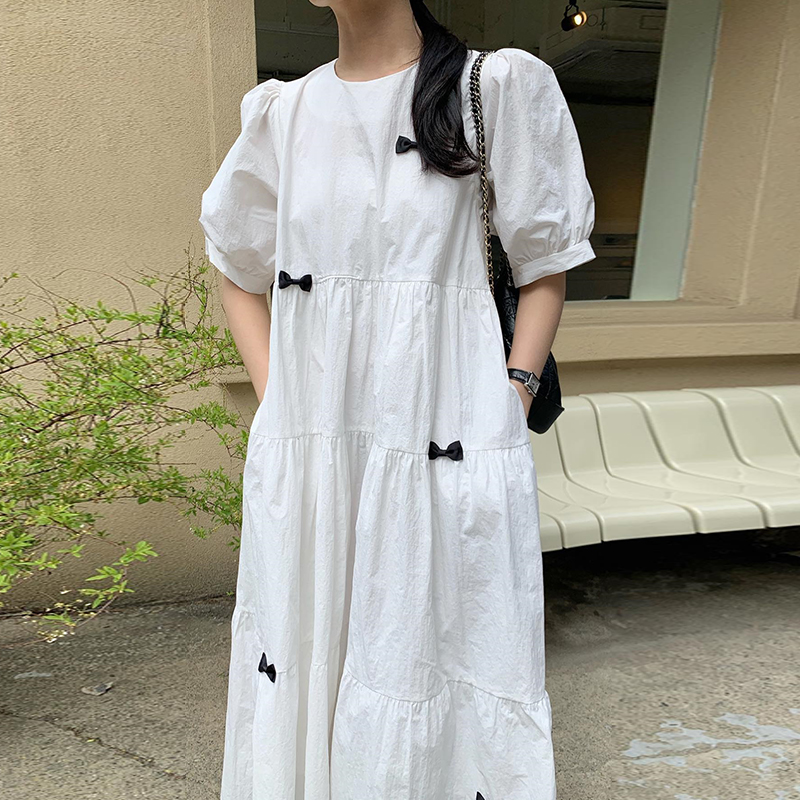 韩系chic夏季法式气质圆领蝴蝶结装饰宽松休闲泡泡袖连衣裙长裙女