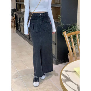很难不爱的高腰牛仔半身裙女早春季设计感双口袋开叉包臀裙长裙子