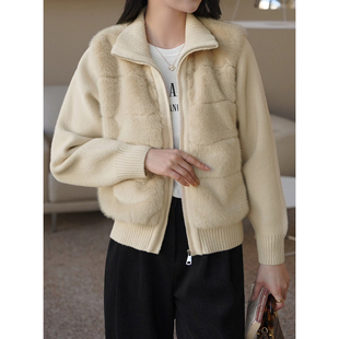 慵懒风拼接环保皮草保暖棉衣外套女2025冬季新款百搭针织长袖上衣