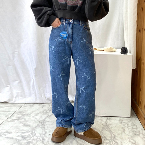 chic高腰百搭蝴蝶结印花牛仔裤女