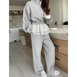 设计感抽绳短款卫衣外套女2025冬季新款拼接花边裙摆休闲长裤套装