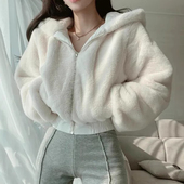 韩国chic冬季 连帽毛毛外套女 纯色长袖 温柔气质拉链式 宽松百搭短款