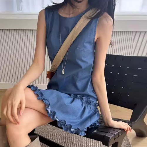 纯色木耳边无袖连衣裙背心裙女