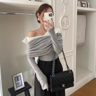 法式撞色一字大翻领拼接针织衫女