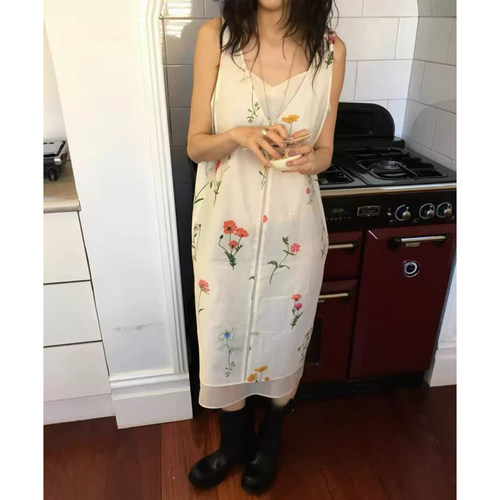 拉链碎花吊带连衣裙背心裙长裙女