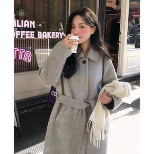 高级感纯色百搭单排扣呢子外套女2025冬季新款绑带收腰中长款大衣