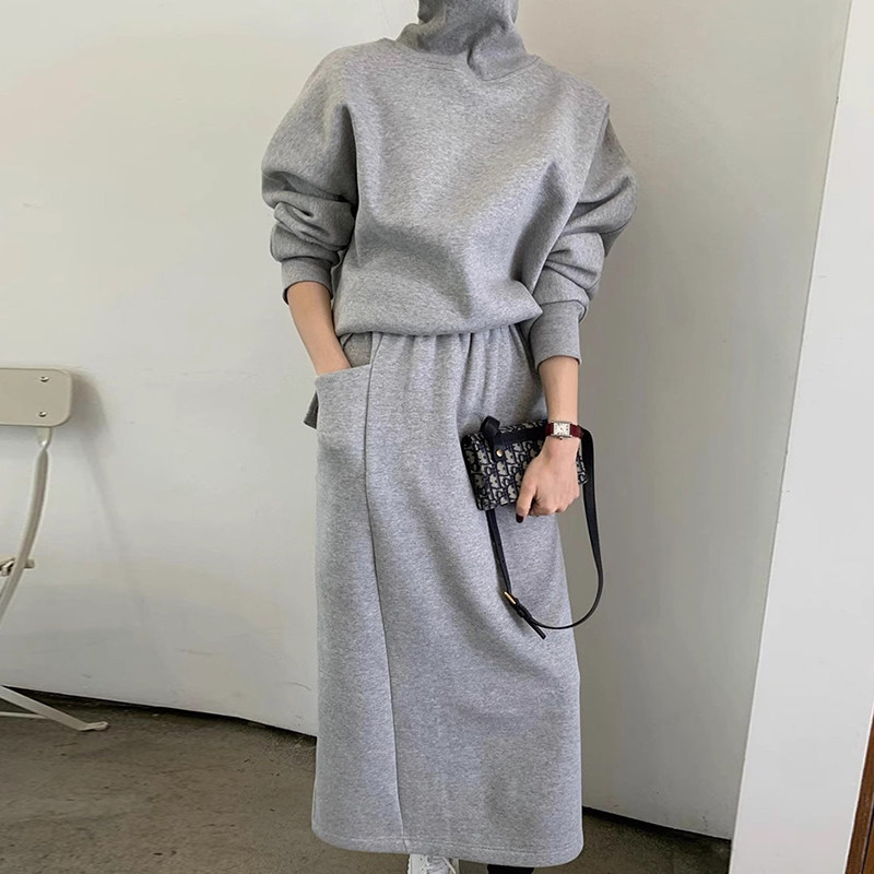 韩国chic秋冬气质百搭高领加绒卫衣+高腰双口袋开叉半身裙套装女,女装/女士精品,时尚套装,淘宝优惠券,粉丝福利购,淘宝优惠卷