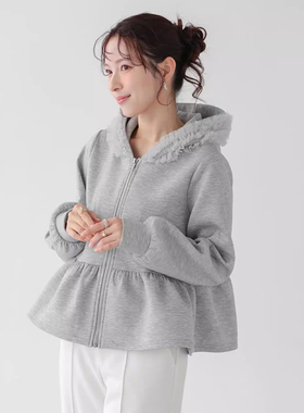 法式减龄拼接网纱连帽卫衣外套女早春小个子荷叶边裙摆拉链式上衣