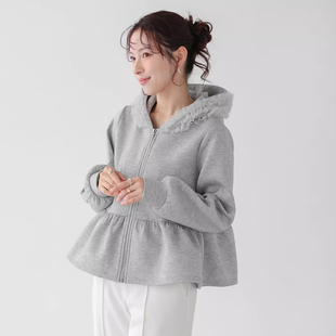 法式减龄拼接网纱连帽卫衣外套女早春小个子荷叶边裙摆拉链式上衣