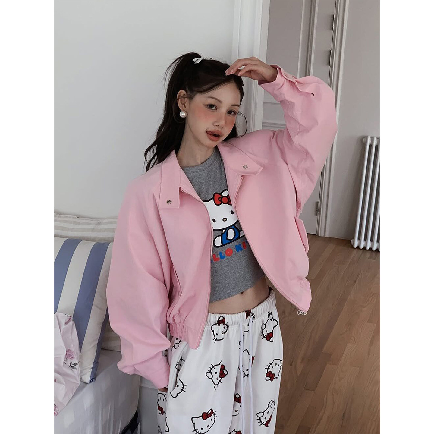良良家韩系甜美粉色棒球服短外套女2026秋季减龄宽松显瘦夹克上衣