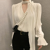 韩国chic早春小众设计系脖V领褶皱感宽松百搭喇叭袖 上衣女 衬衫