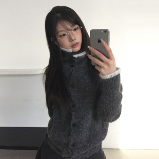 高级感撞色拼接软糯针织开衫 复古单排扣休闲百搭毛衣 外套女秋冬季