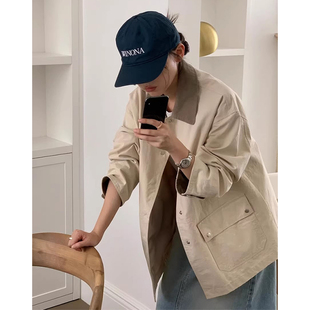 风衣外套女 复古气质撞色翻领暗扣双口袋宽松长袖 韩国chic秋季 新款