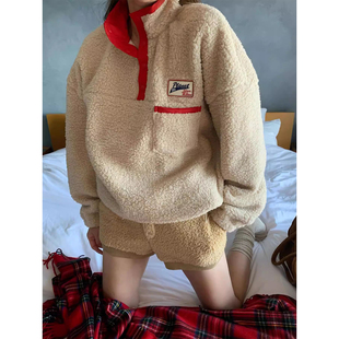 复古立领羊羔毛卫衣女2025冬季新款设计感贴布加厚保暖套头上衣