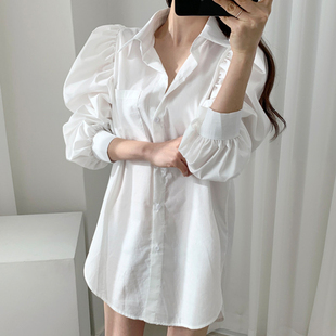 韩国chic极简主义 百搭翻领单排扣宽松中长款皱褶设计泡泡袖衬衫