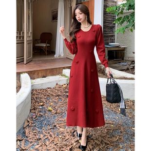 修身 新款 显瘦打底长裙 饰针织连衣裙女2025冬季 复古浪漫立体花朵装