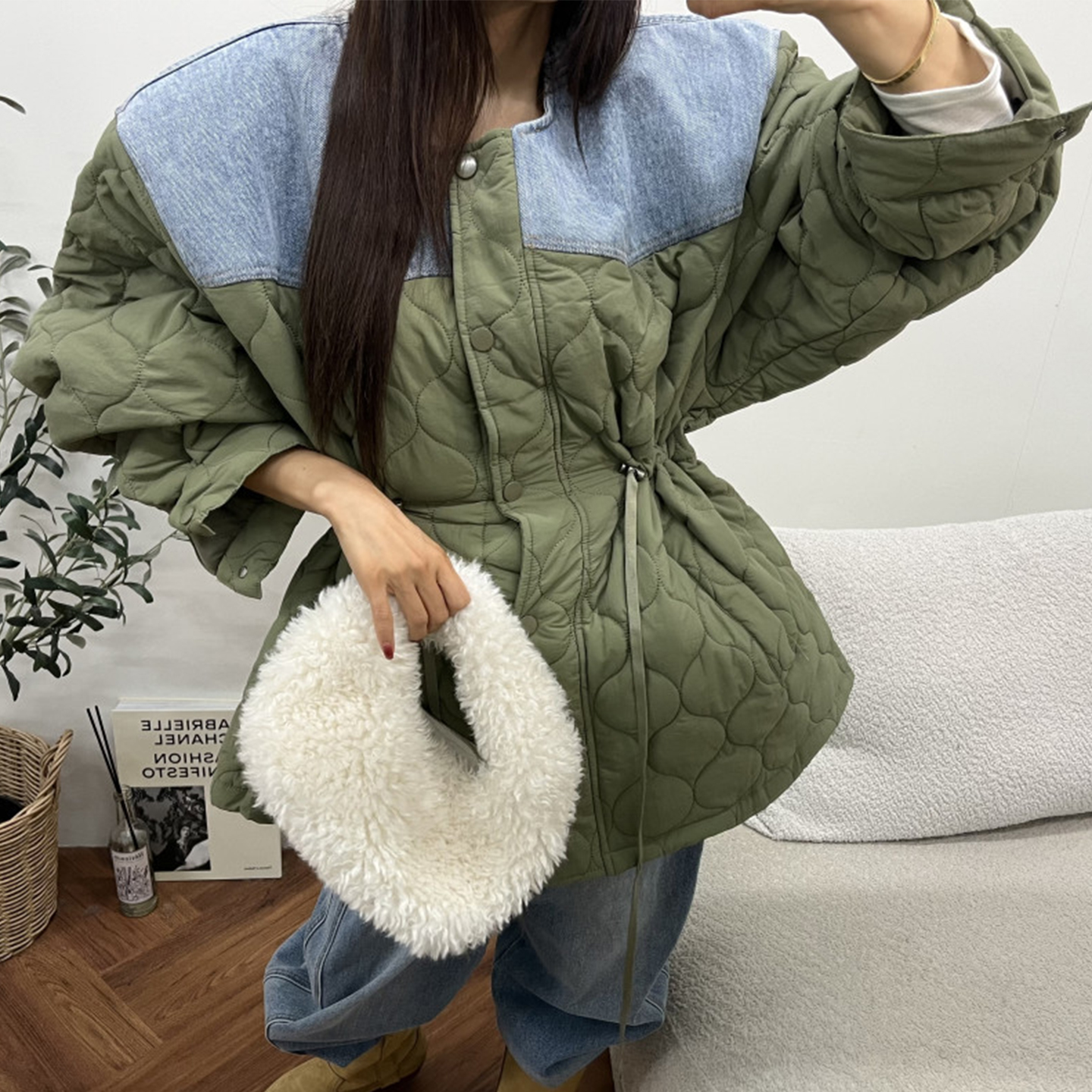 撞色拼接牛仔波浪纹棉服外