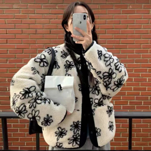 韩国chic秋冬复古减龄立领两面穿花朵提花百搭长袖 羊羔绒棉服外套