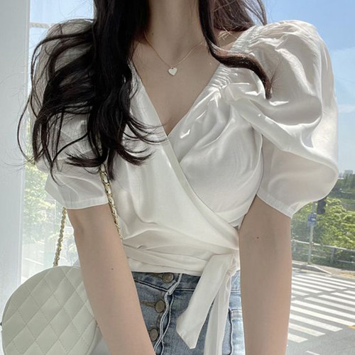 韩国chic夏季温柔交叉系带衬衫