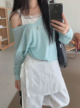 松弛感露肩V领长袖防晒针织衫女