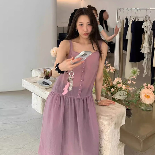 紫色单排扣方领薄款吊带连衣裙女