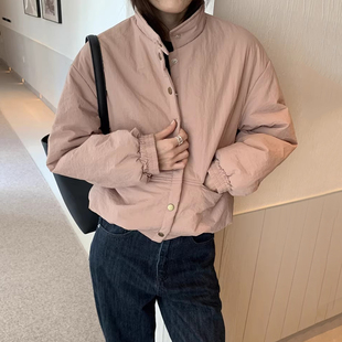 小众减龄立领暗扣纯色棉服短外套女2025冬季新款口袋休闲百搭上衣