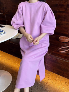 卫衣连衣裙女 韩国chic夏季 甜美慵懒风圆领宽松休闲开叉设计泡泡袖