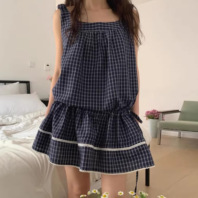 抽褶设计拼接花边格子背心连衣裙