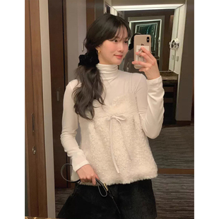 温柔风系带蝴蝶结羊羔毛背心吊带女秋冬季小众叠穿荷叶边无袖上衣
