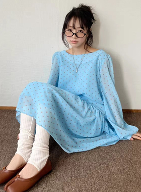 良良家 复古小众圆领雪纺长袖连衣裙女春季新款波点减龄森系长裙