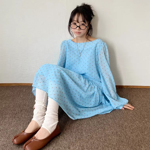 新款 连衣裙女春季 波点减龄森系长裙 复古小众圆领雪纺长袖 良良家