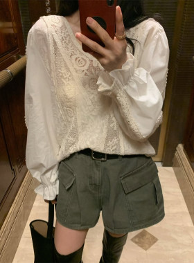 复古宫廷风拼接蕾丝喇叭袖衬衫女