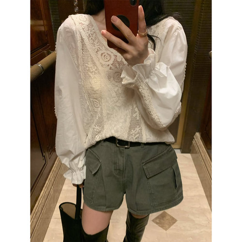 复古宫廷风拼接蕾丝喇叭袖衬衫女