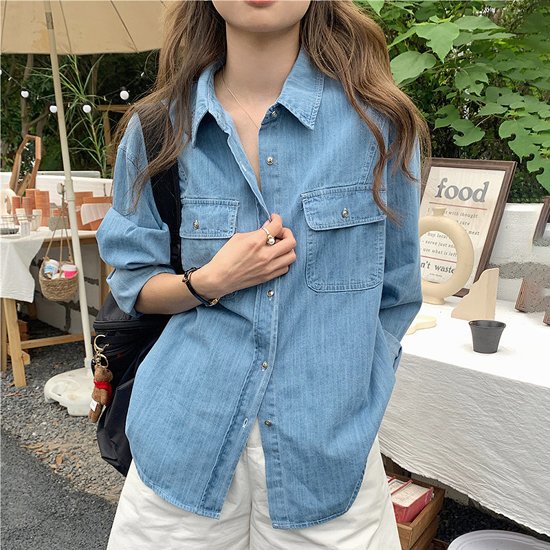 秋季宽松百搭水洗蓝长袖牛仔衬衫