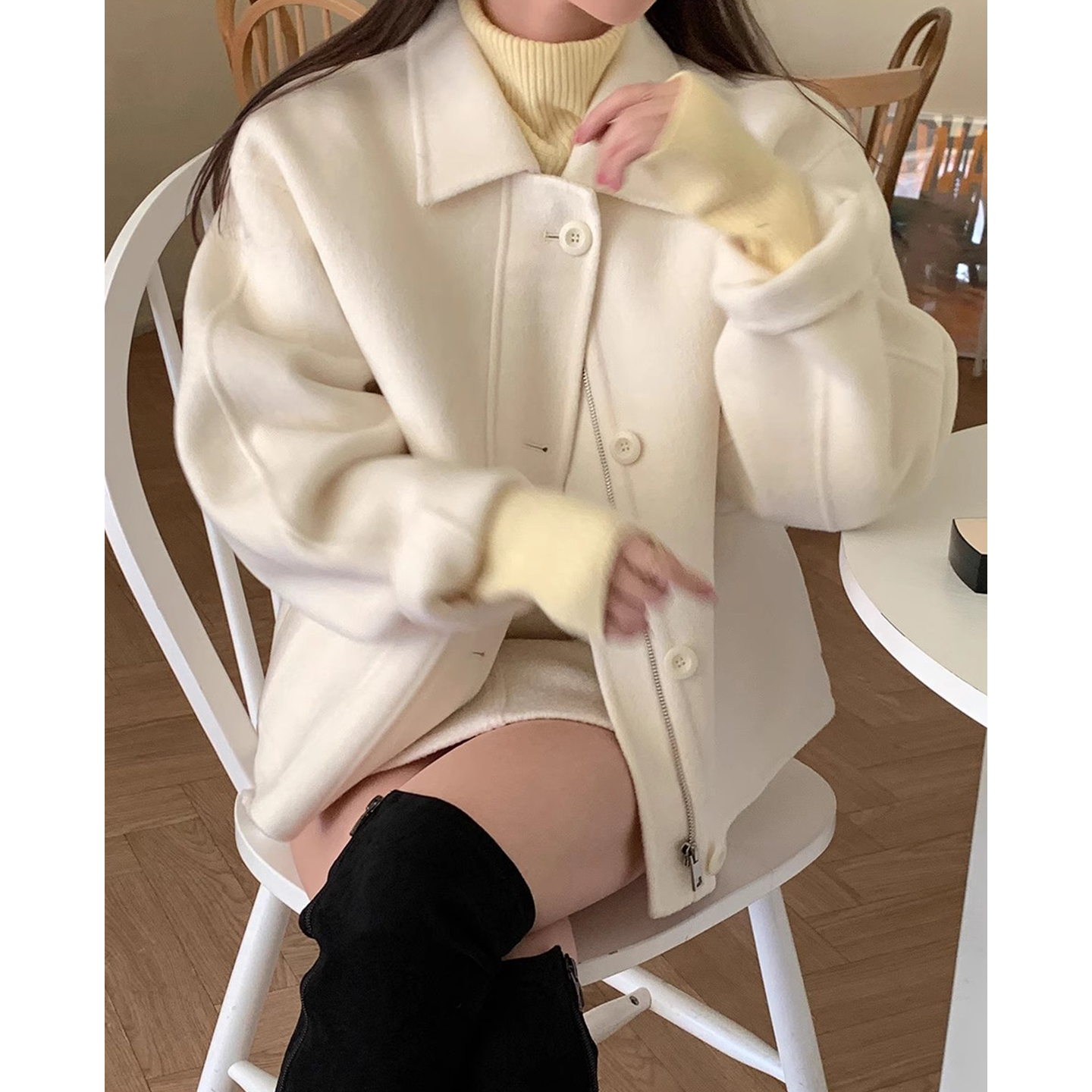高级感单排扣拉链式短款呢子外套