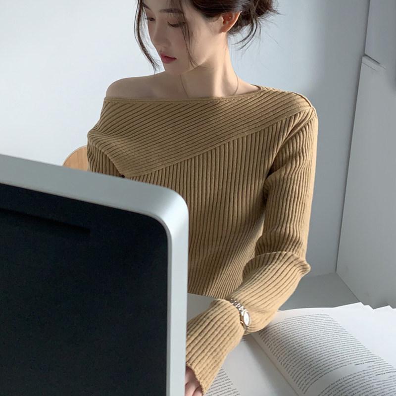 韩国chic春秋优雅气质一字领露肩设计修身显瘦侧开叉针织衫毛衣女