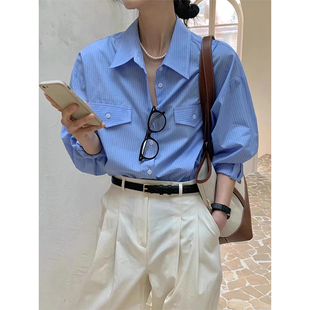 韩国chic春季新款气质百搭翻领单排扣宽松休闲长袖条纹衬衫上衣女