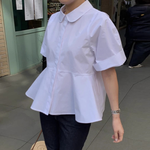 新款 女夏季 气质百搭宽松显瘦纯色上衣 衬衫 良良家减龄娃娃领短袖